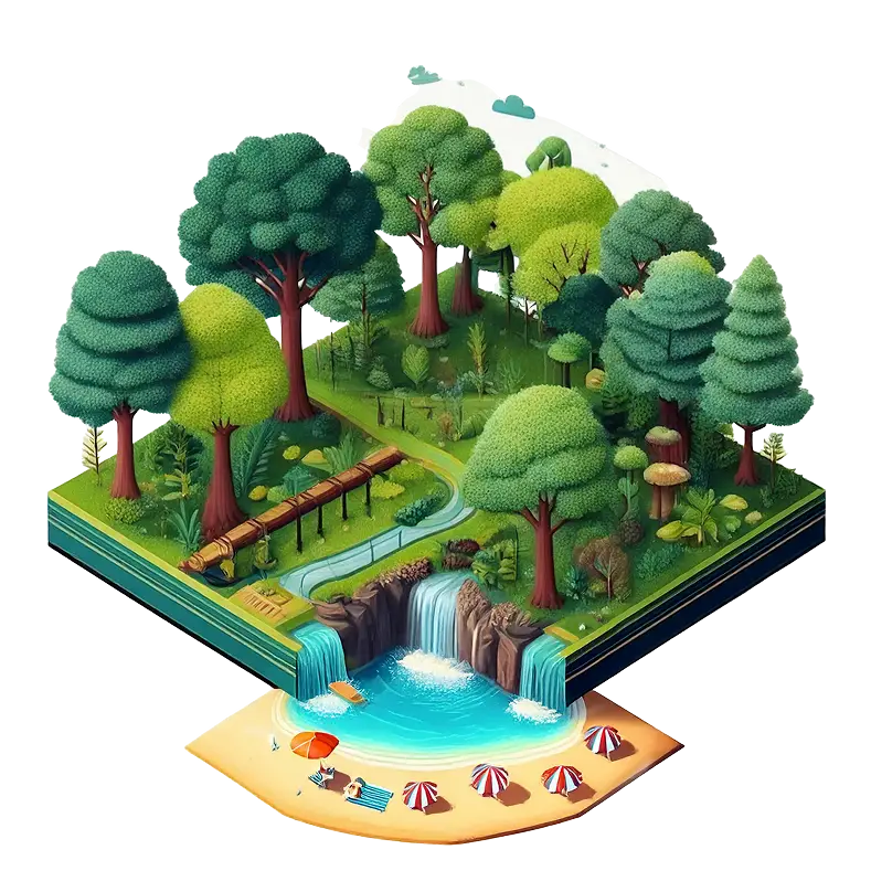 immagine della natura con borgo, fiume, spiaggiam cascata